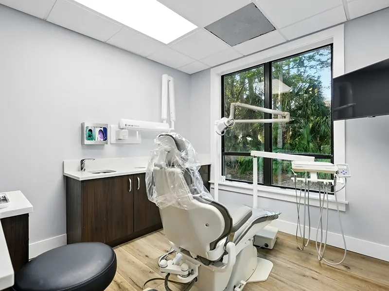 A bright treatment room with a dental chair beside a large window onto the trees.
